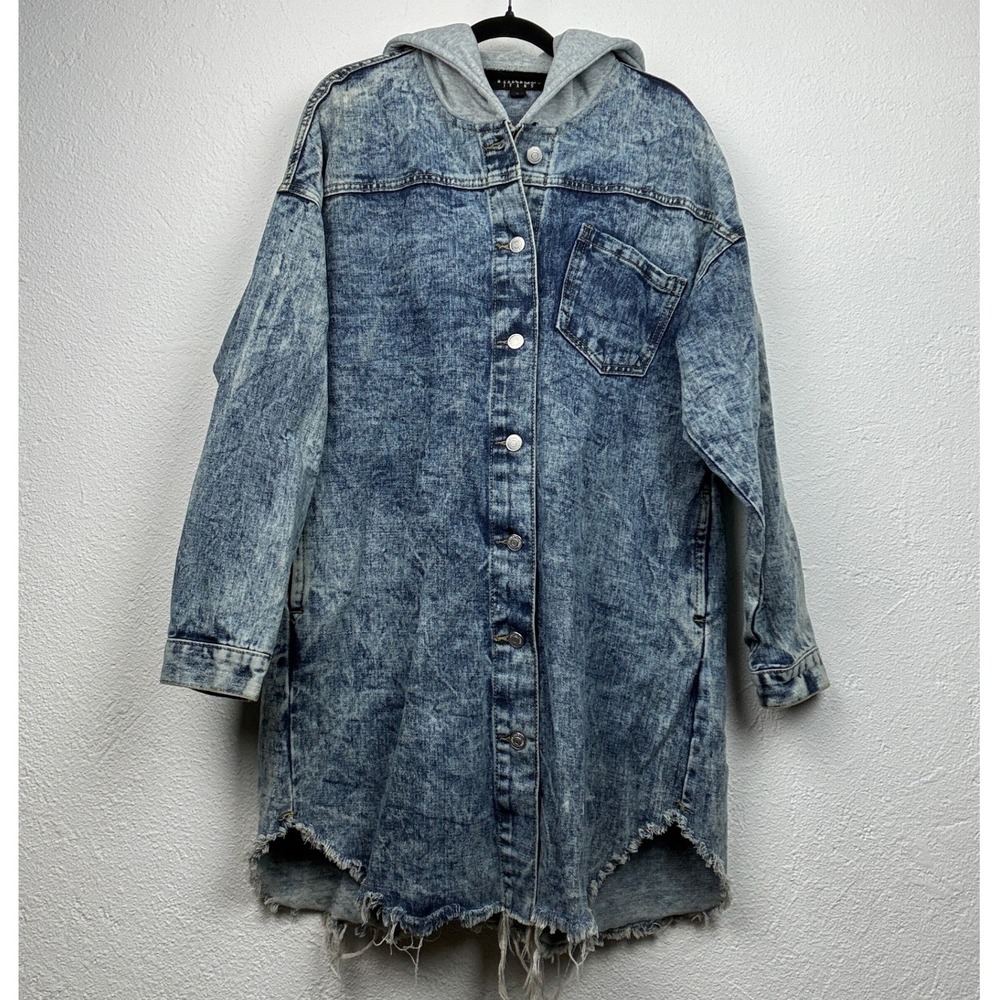 Thrill Blue Acid Wash Denim Jacket - L - Hooded Frayed Hem Longline Streetwear